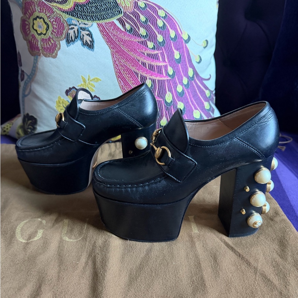 Gucci Black Platform Heels with Pearl Accents